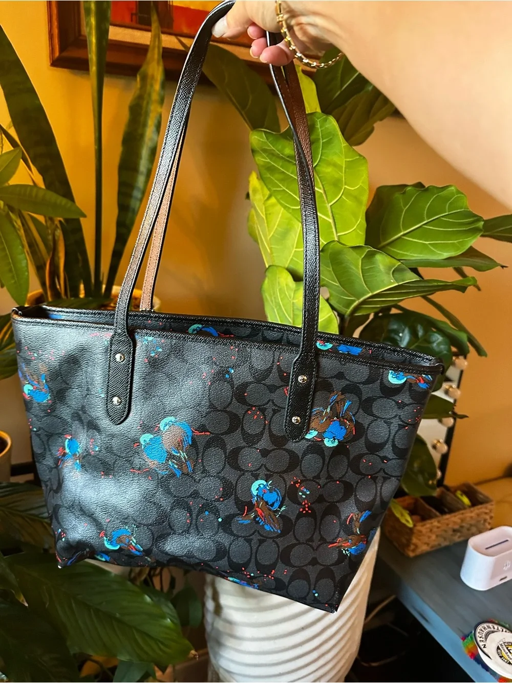 Authentic Coach Black Signature Tote with Blue Accent Floral Print